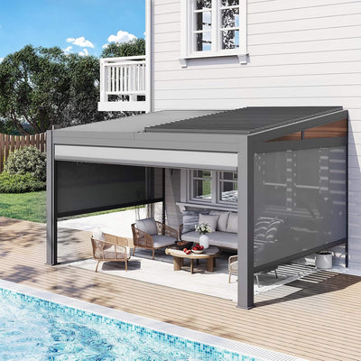 Alora Luxury Wall-Mounted Aluminum Louvered Pergola With Pull-Down Screens