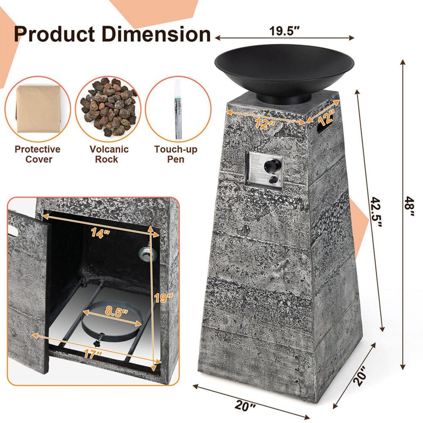 48-Inch Large Outdoor Propane Fire Bowl Column With Cover & Lava Rocks (SAK70938)