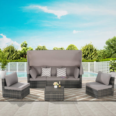 Alora 5-Piece Outdoor Patio Wicker Daybed Furniture Set With Retractable Canopy
