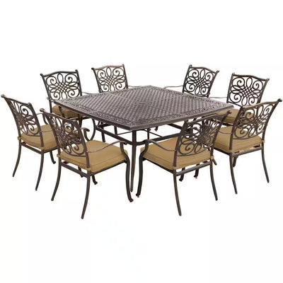 Traditions 9-Piece Aluminium Square Patio Dining Set with Eight Stationary Dining Chairs and Natural Oat Cushions