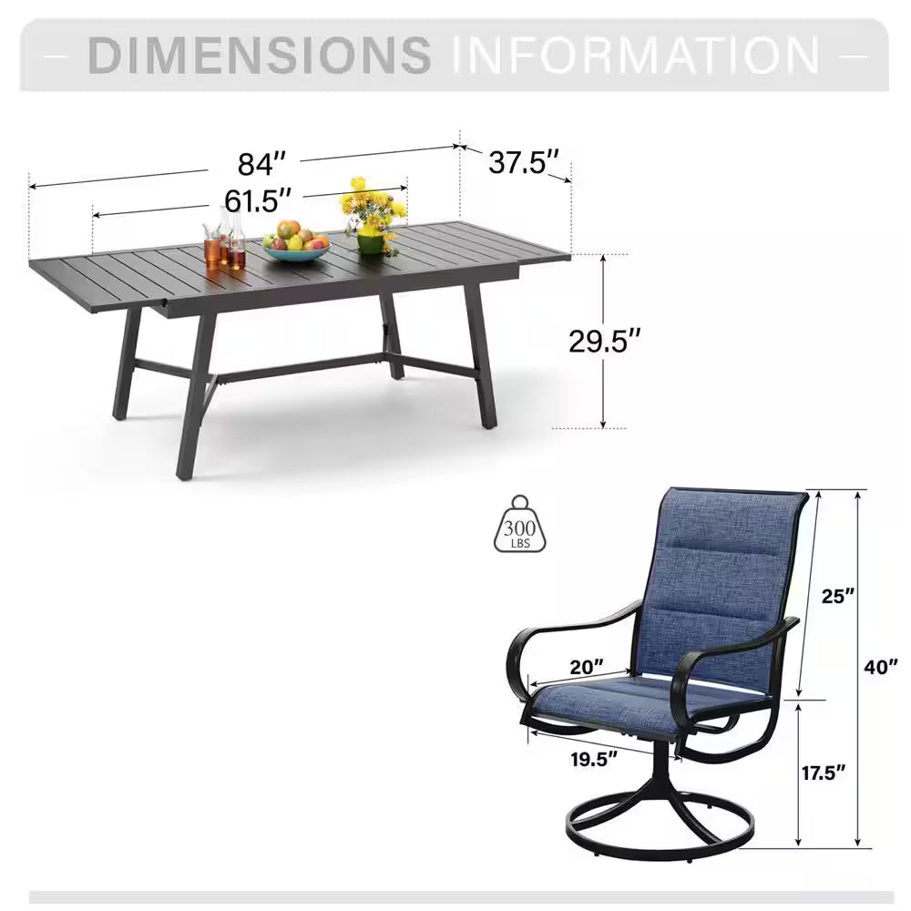 Black 9-Piece Metal Outdoor Patio Dining Set with Extendable Table and Padded Blue Textilene Swivel Chairs