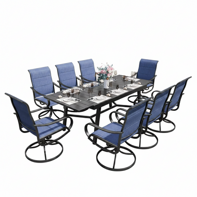 Black 9-Piece Metal Outdoor Patio Dining Set with Extendable Table and Padded Blue Textilene Swivel Chairs