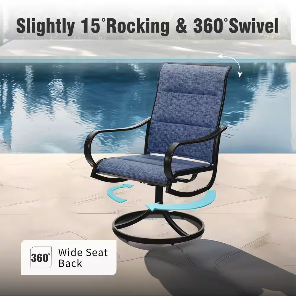 Black 9-Piece Metal Outdoor Patio Dining Set with Extendable Table and Padded Blue Textilene Swivel Chairs
