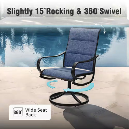 Black 9-Piece Metal Outdoor Patio Dining Set with Extendable Table and Padded Blue Textilene Swivel Chairs