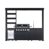 Castelle Flame Blaze 108-Inch 6-Burner 85K BTU Deluxe Stainless Steel Liquid Propane Outdoor Kitchen Grill Island With Wine Cooler, Rotisserie, Cabinets, And Granite Countertops