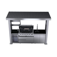 Castelle Flame Blaze 108-Inch 6-Burner 85K BTU Deluxe Stainless Steel Liquid Propane Outdoor Kitchen Grill Island With Wine Cooler, Rotisserie, Cabinets, And Granite Countertops