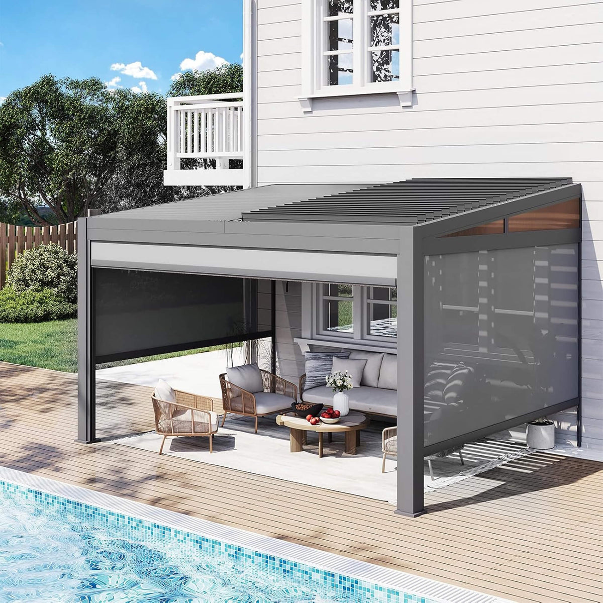 Alora Luxury Wall-Mounted Aluminum Louvered Pergola With Pull-Down Screens