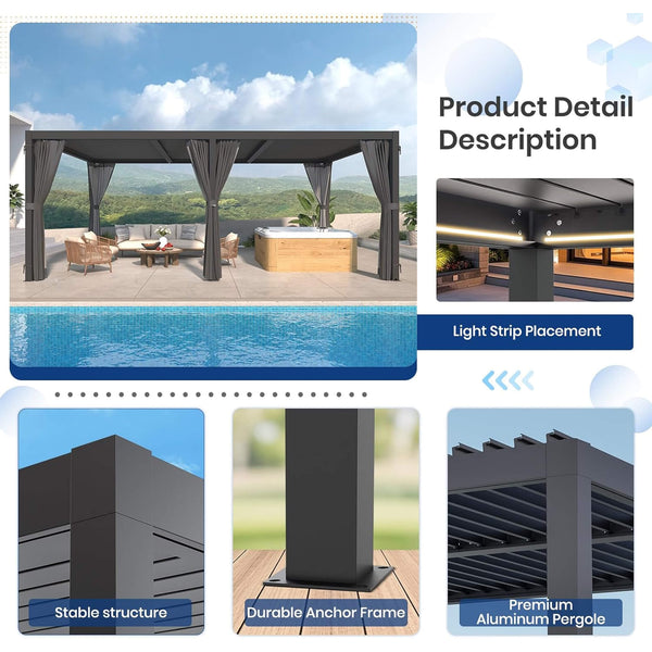 [10X20FT] Alora Premium Louvered Pergola With Curtains And Netting