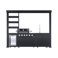 Castelle Flame Imperial 110-Inch 4-Burner 72K BTU Deluxe Stainless Steel Outdoor Kitchen Grill Island With Wine Cooler, Rotisserie, Cabinets, And Granite Countertops