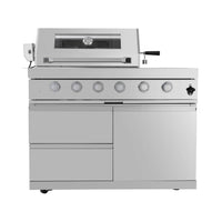 Castelle Flame Imperial 110-Inch 4-Burner 72K BTU Deluxe Stainless Steel Outdoor Kitchen Grill Island With Wine Cooler, Rotisserie, Cabinets, And Granite Countertops