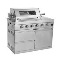 Castelle Flame Imperial 110-Inch 4-Burner 72K BTU Deluxe Stainless Steel Outdoor Kitchen Grill Island With Wine Cooler, Rotisserie, Cabinets, And Granite Countertops