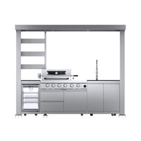 Castelle Flame Imperial 110-Inch 4-Burner 72K BTU Deluxe Stainless Steel Outdoor Kitchen Grill Island With Wine Cooler, Rotisserie, Cabinets, And Granite Countertops