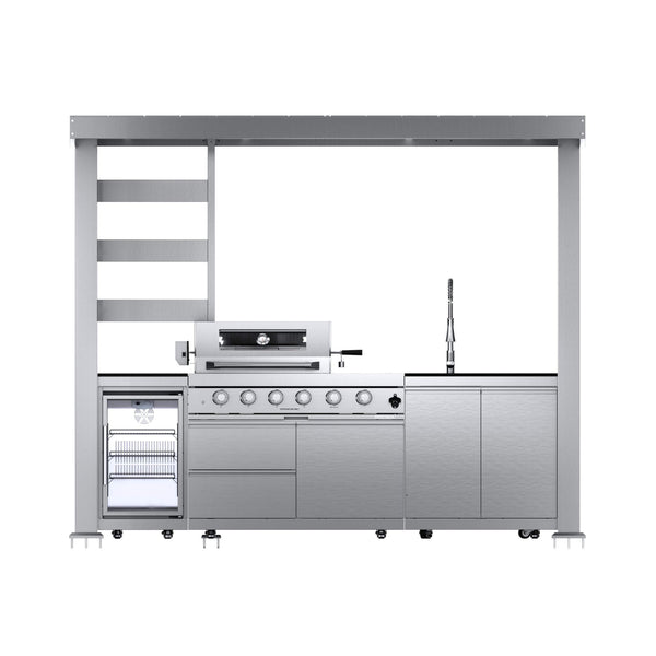 Castelle Flame Imperial 110-Inch 4-Burner 72K BTU Deluxe Stainless Steel Outdoor Kitchen Grill Island With Wine Cooler, Rotisserie, Cabinets, And Granite Countertops
