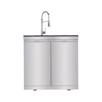 Castelle Flame Imperial 110-Inch 4-Burner 72K BTU Deluxe Stainless Steel Outdoor Kitchen Grill Island With Wine Cooler, Rotisserie, Cabinets, And Granite Countertops
