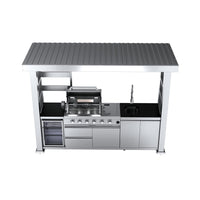 Castelle Flame Imperial 110-Inch 4-Burner 72K BTU Deluxe Stainless Steel Outdoor Kitchen Grill Island With Wine Cooler, Rotisserie, Cabinets, And Granite Countertops