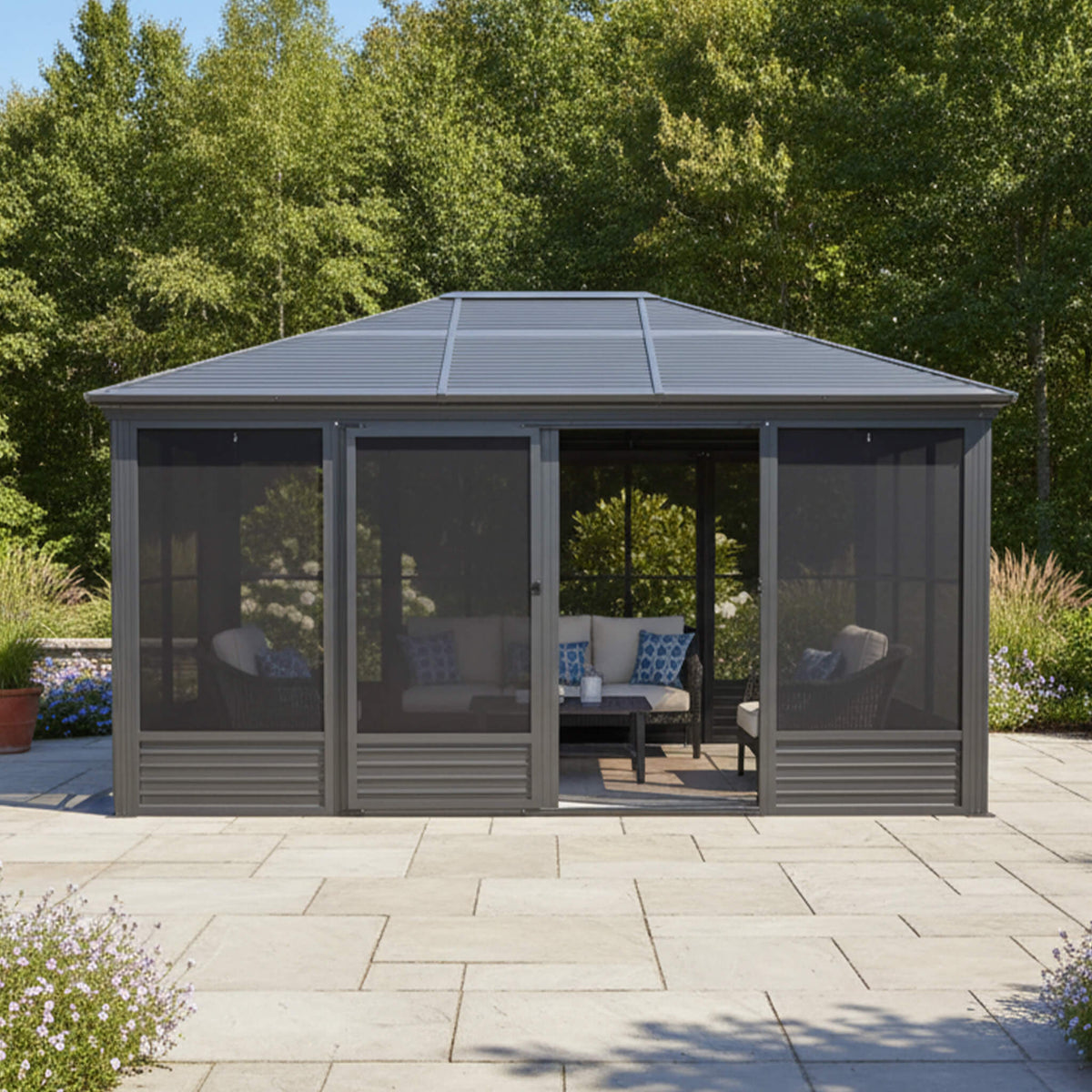 [11X14FT] Alora Meridian Premium Four Season Outdoor Aluminum Hardtop Gazebo Sunroom With Galvanized Steel Roof, Sliding Doors And Movable PVC Screen Walls