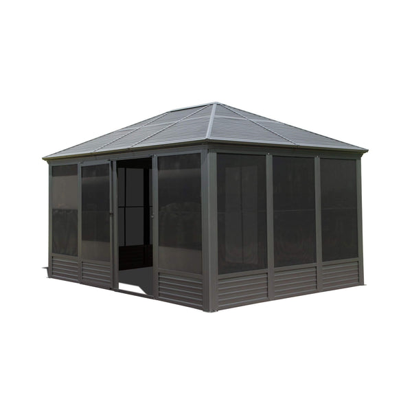 [11X14FT] Alora Meridian Premium Four Season Outdoor Aluminum Hardtop Gazebo Sunroom With Galvanized Steel Roof, Sliding Doors And Movable PVC Screen Walls
