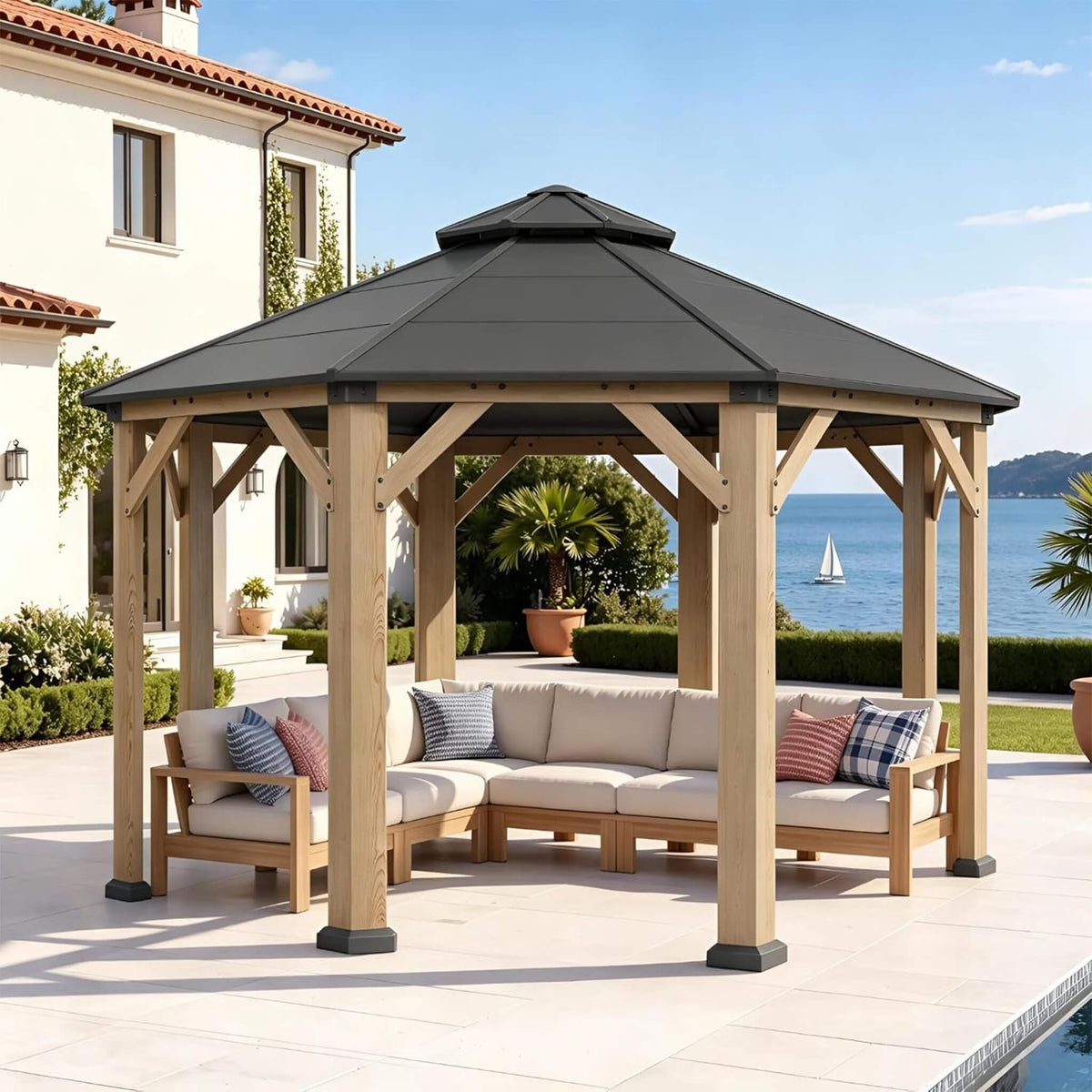 [13X13FT] Alora Cedar Wood Galvanized Steel Octagonal Hardtop Double Roof Gazebo