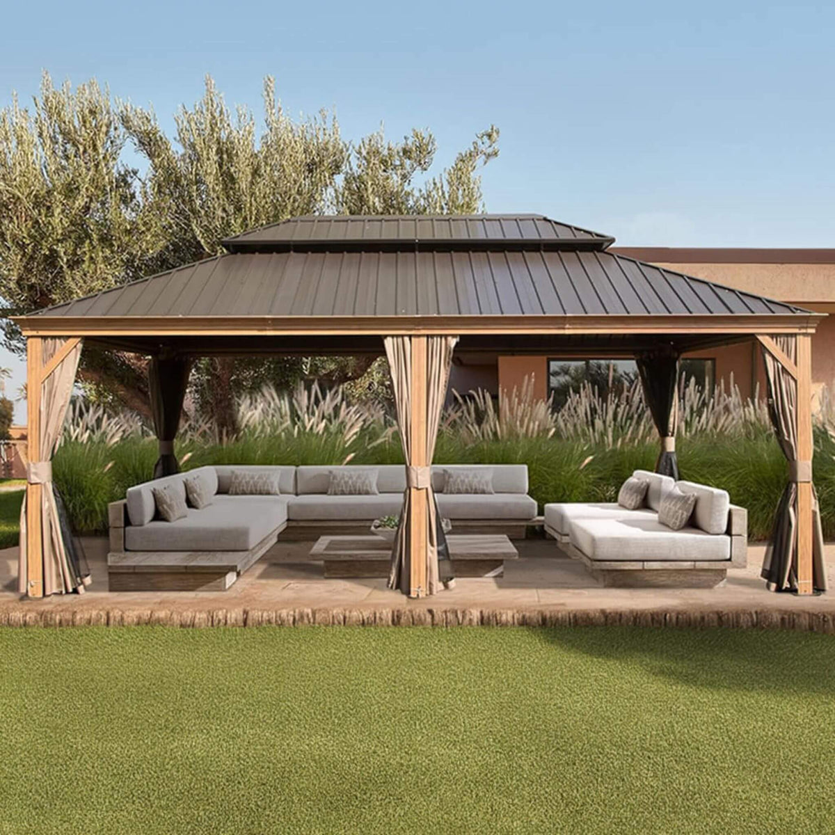 [14X24FT] Alora Heavy-Duty Aluminum Galvanized Steel Double Roof Hardtop Gazebo With Netting And Curtains