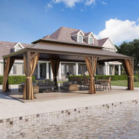 [14X24FT] Alora Heavy-Duty Aluminum Galvanized Steel Double Roof Hardtop Gazebo With Netting And Curtains