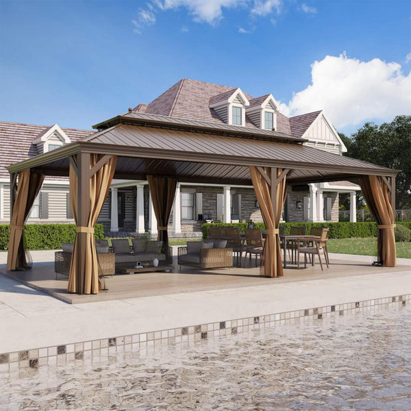 [14X24FT] Alora Heavy-Duty Aluminum Galvanized Steel Double Roof Hardtop Gazebo With Netting And Curtains