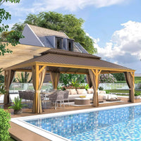 [14X24FT] Alora Heavy-Duty Aluminum Galvanized Steel Double Roof Hardtop Gazebo With Netting And Curtains