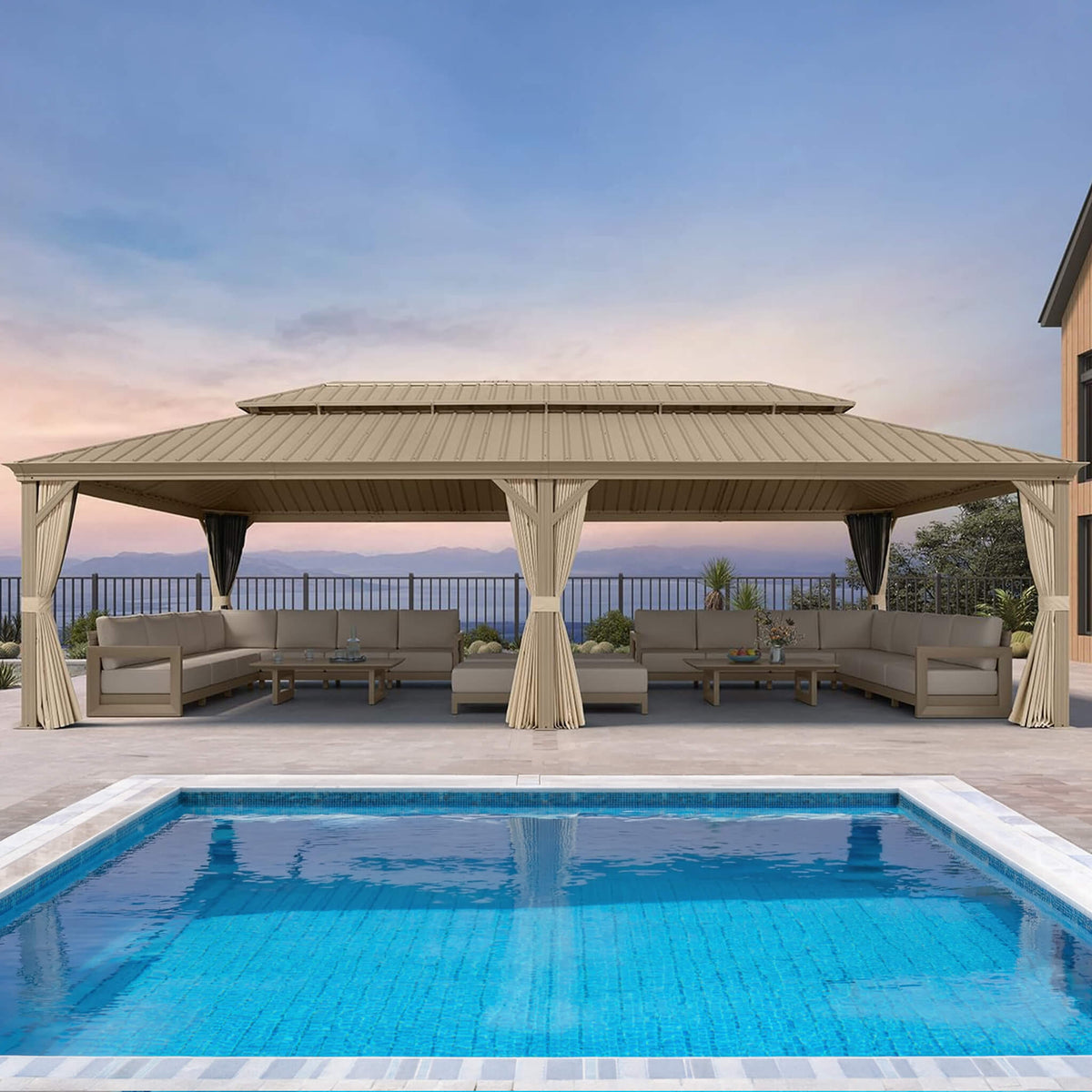 [14X28FT] Alora Extra-Large Hardtop Gazebo With Galvanized Steel Double Roof, Curtains And Netting