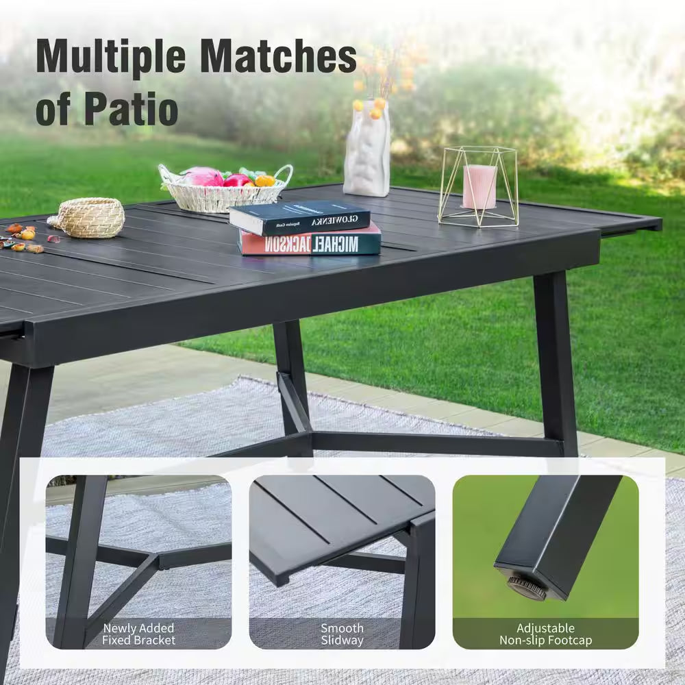Black 9-Piece Metal Outdoor Patio Dining Set with Extendable Table and Padded Blue Textilene Swivel Chairs