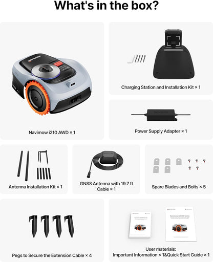 Segway  I210 AWD Robot Lawn Mower, Wire-Free Robotic Mower, All-Wheel Drive for 45% Slopes, 2–3.6 in Adjustable Cutting Height, NRTK + Vision, Auto Mapping, 5.1Ah Battery, Covers 0.25 Acre