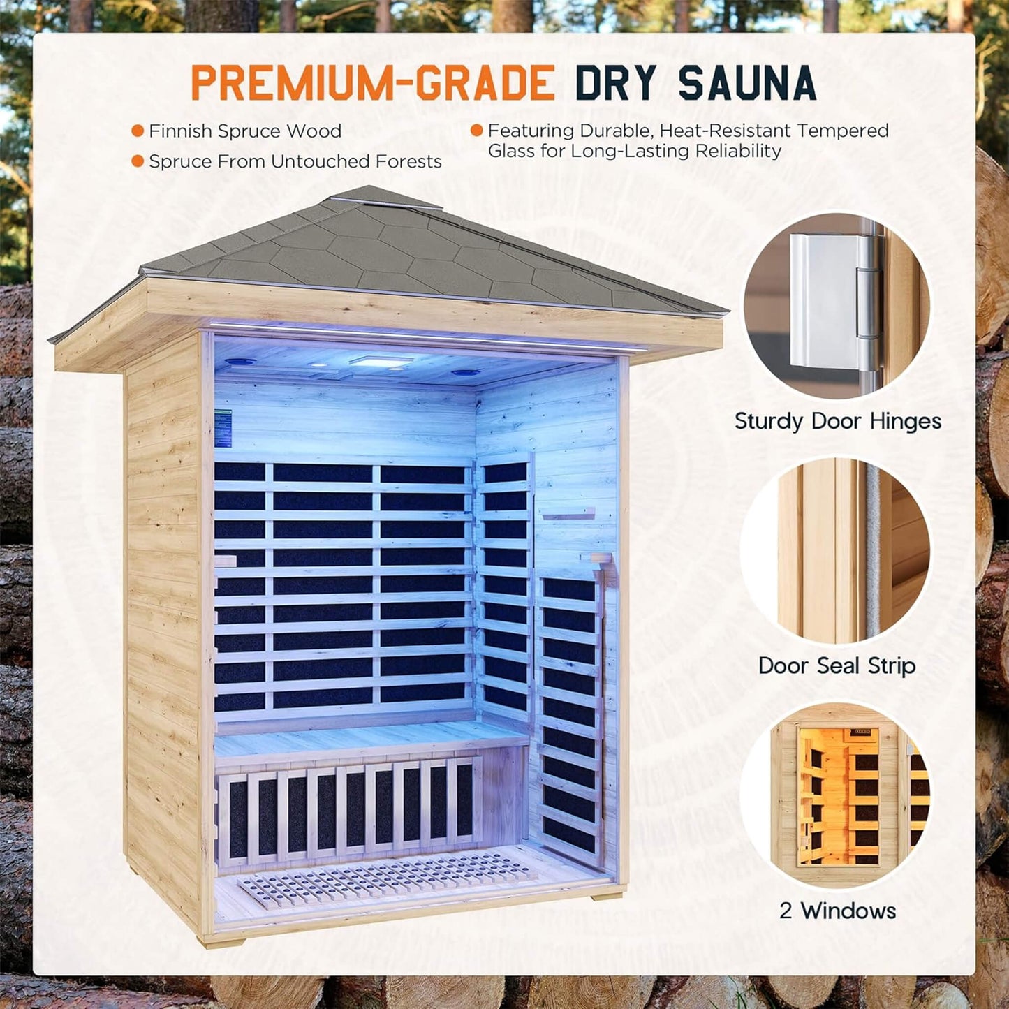 Thermora Zurich 3-Person Low EMF Spruce Wood Outdoor Infrared Sauna With Bluetooth Speakers And LED Lights (SAK59047)