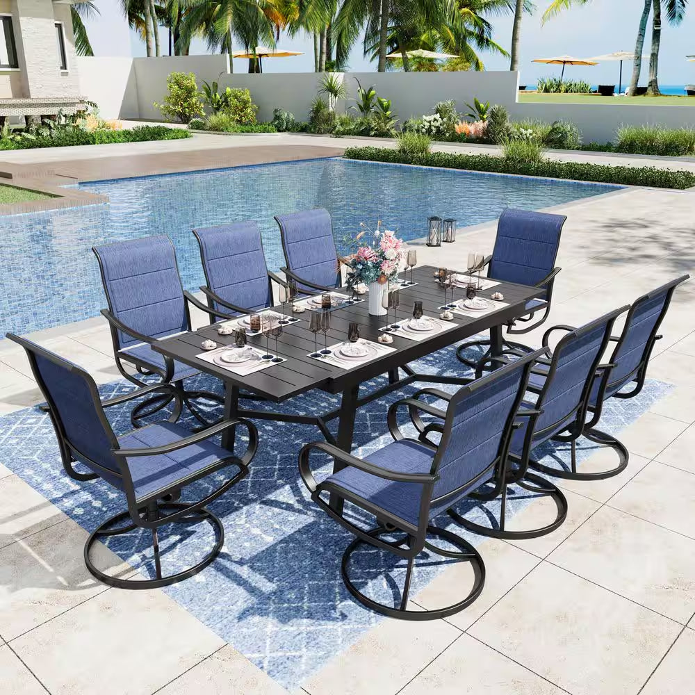 Black 9-Piece Metal Outdoor Patio Dining Set with Extendable Table and Padded Blue Textilene Swivel Chairs