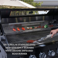 Castelle Flame Belmont 43-Inch 6-Burner 85K BTU Stainless Steel Outdoor BBQ Kitchen Grill Island With Wine Cooler, Rotisserie, And Sink