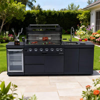 Castelle Flame Belmont 43-Inch 6-Burner 85K BTU Stainless Steel Outdoor BBQ Kitchen Grill Island With Wine Cooler, Rotisserie, And Sink