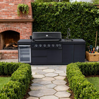 Castelle Flame Belmont 43-Inch 6-Burner 85K BTU Stainless Steel Outdoor BBQ Kitchen Grill Island With Wine Cooler, Rotisserie, And Sink