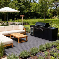 Castelle Flame Belmont 43-Inch 6-Burner 85K BTU Stainless Steel Outdoor BBQ Kitchen Grill Island With Wine Cooler, Rotisserie, And Sink