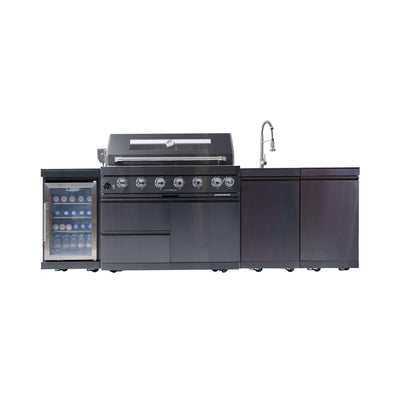 Castelle Flame Belmont 43-Inch 6-Burner 85K BTU Stainless Steel Outdoor BBQ Kitchen Grill Island With Wine Cooler, Rotisserie, And Sink