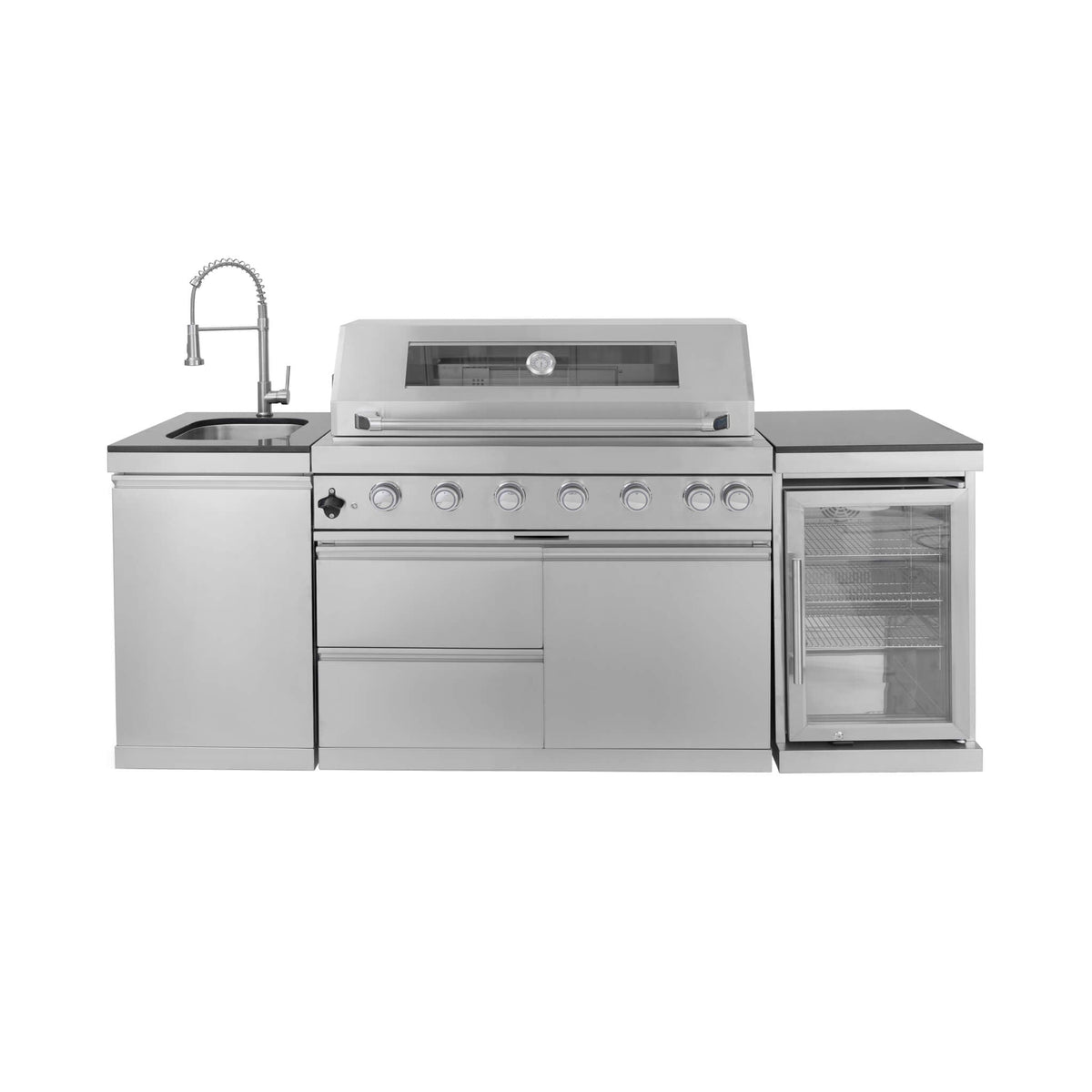 Castelle Flame Verona 44-Inch 6-Burner 85K BTU Stainless Steel Outdoor BBQ Kitchen Grill Island With Wine Cooler, Rotisserie Kit, And Storage Cabinets