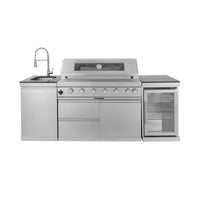 Castelle Flame Verona 44-Inch 6-Burner 85K BTU Stainless Steel Outdoor BBQ Kitchen Grill Island With Wine Cooler, Rotisserie Kit, And Storage Cabinets