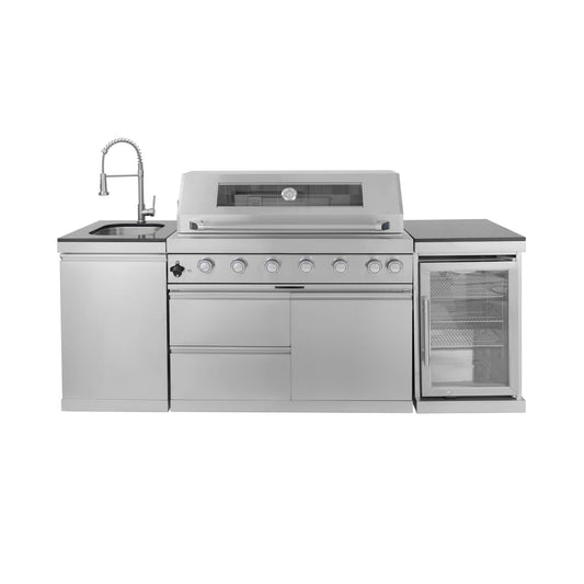 Castelle Flame Verona 44-Inch 6-Burner 85K BTU Stainless Steel Outdoor BBQ Kitchen Grill Island With Wine Cooler, Rotisserie Kit, And Storage Cabinets