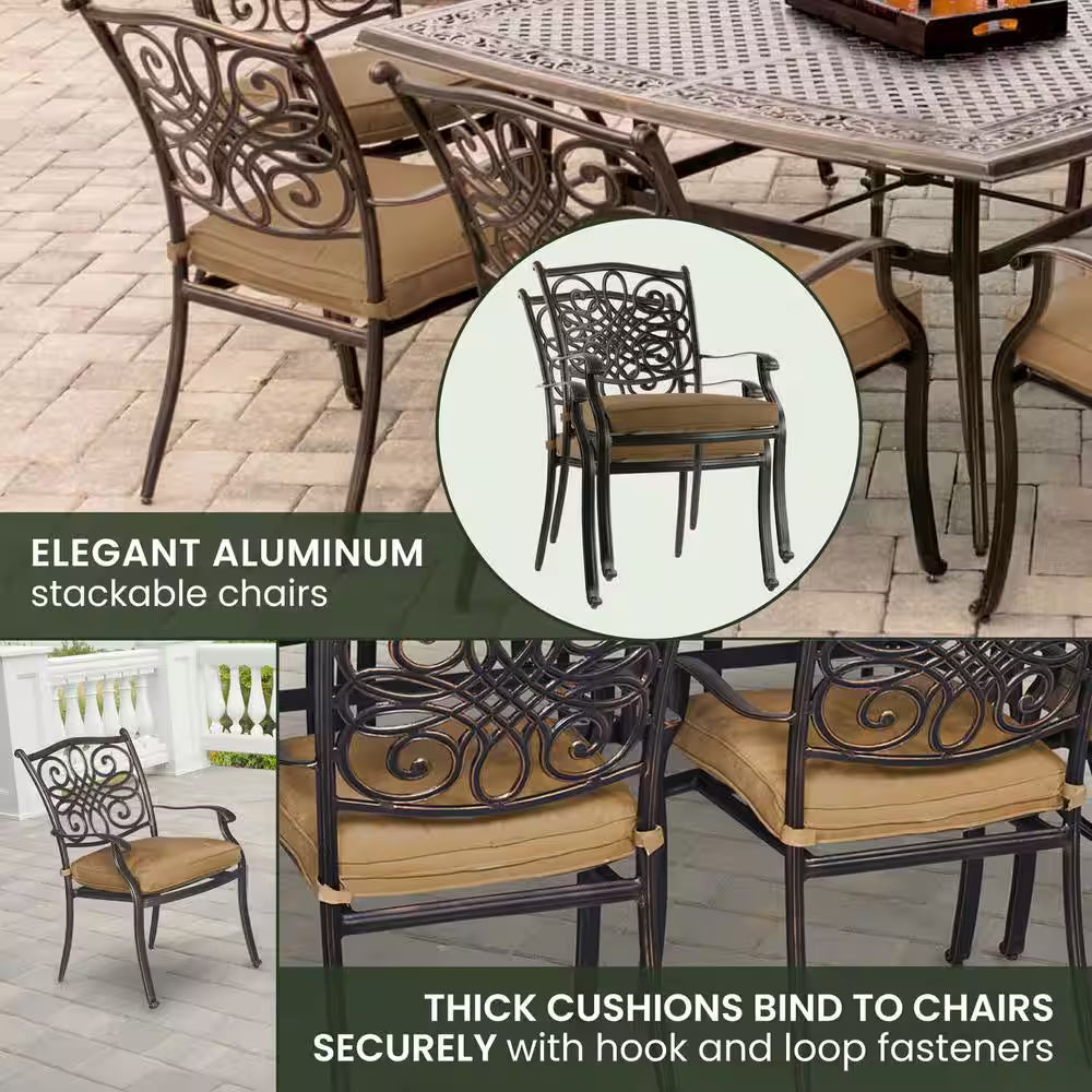 Traditions 9-Piece Aluminium Square Patio Dining Set with Eight Stationary Dining Chairs and Natural Oat Cushions