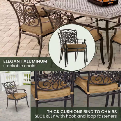 Traditions 9-Piece Aluminium Square Patio Dining Set with Eight Stationary Dining Chairs and Natural Oat Cushions