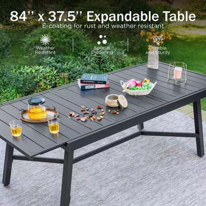Black 9-Piece Metal Outdoor Patio Dining Set with Extendable Table and Padded Blue Textilene Swivel Chairs