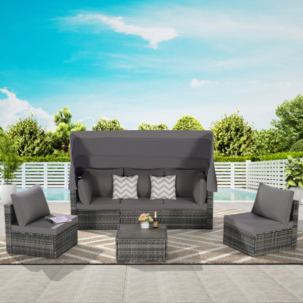 Alora 5-Piece Outdoor Patio Wicker Daybed Furniture Set With Retractable Canopy