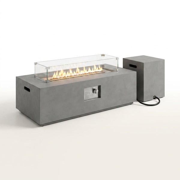 50000 BTU Coating Steel Propane Fire Pit Table in Gray Rectangular Modern Outdoor Gas Fire Table with Tank Holder — Studio Shot