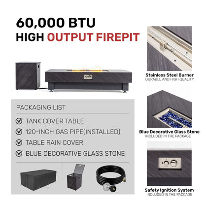 Alora Premium 60-Inch Rectangular Outdoor Modern Propane Fire Pit Table With Rain Cover (SAK91273)