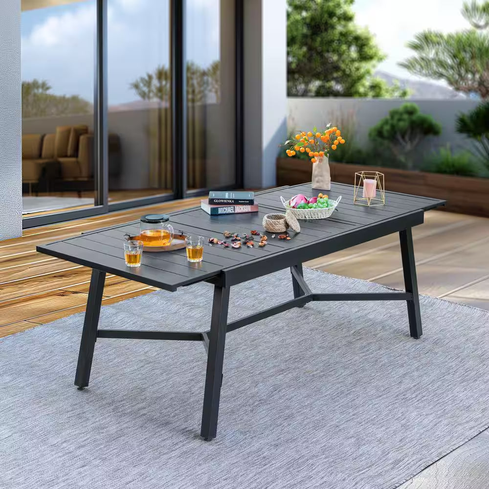 Black 9-Piece Metal Outdoor Patio Dining Set with Extendable Table and Padded Blue Textilene Swivel Chairs