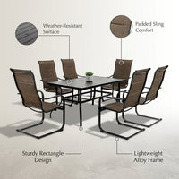 7-Piece Rectangle Outdoor Patio Dining Set with Padded Sling Chairs — infographic