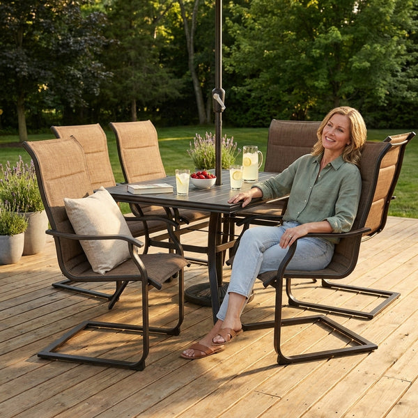 Outdoor Patio Dining Set Built for All-Season Entertaining, Rectangle Table, Padded Sling Chairs, 7-Piece