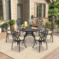 Alora 7-Piece Cast Aluminum Patio Furniture Set With Black Frame And Off-White Cushions