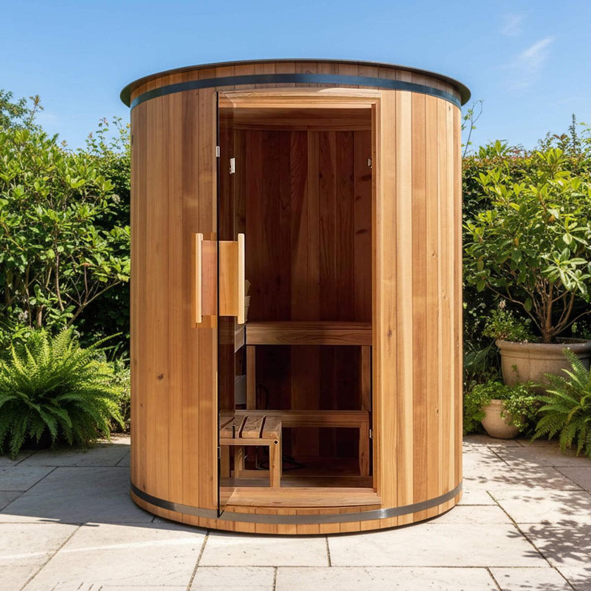 Thermora Barcelona Premium 78-Inch 4-Person Cedar Wood Outdoor Vertical Barrel Sauna With 6KW Heater, LED Lights And Stones